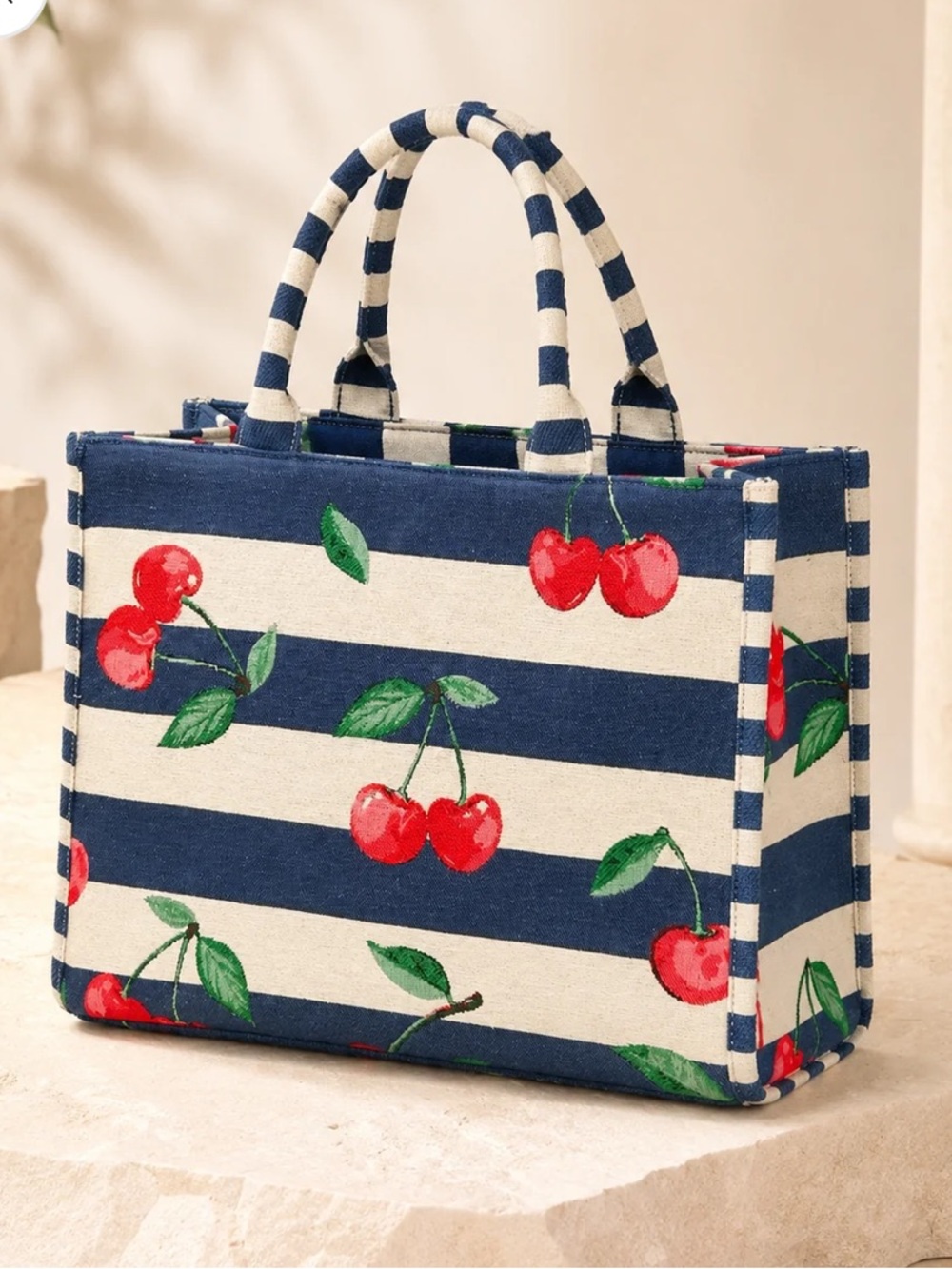 Blue & White Jacquard Striped Cherry Tote